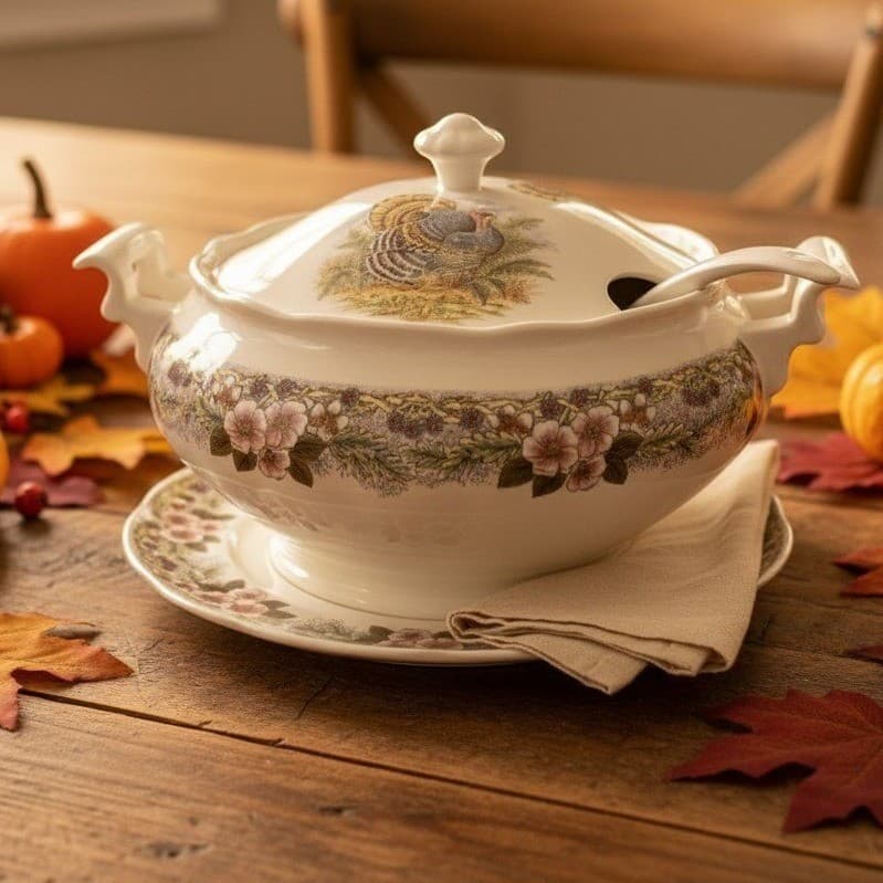 Churchill Myott Thanksgiving Soup Tureen Set, Four Piece Brown Transferware, Vtg