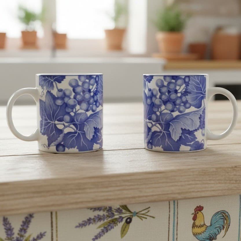 Omnibus By Fitz And Floyd "Bordeaux" Mugs, Set of 2, Grapevine Design Drinkware