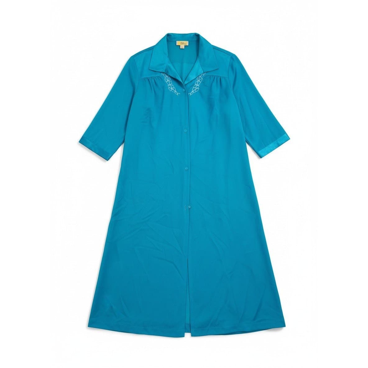 Vanity Fair Vintage Turquoise Blue Button Front Embroidered Robe Housecoat Small