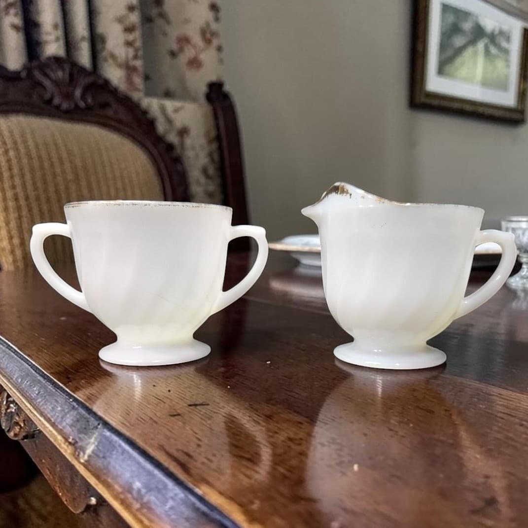 Anchor Hocking Milk Glass Sugar & Creamer, Gold Rimmed Swirl Design, Replacement