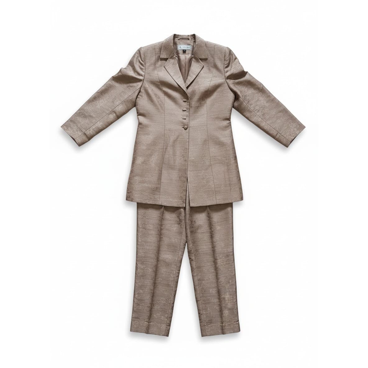 Travis Ayers Taupe Silk Pant Suit 2pc Jacquard Blazer Trousers, Women's Size 8