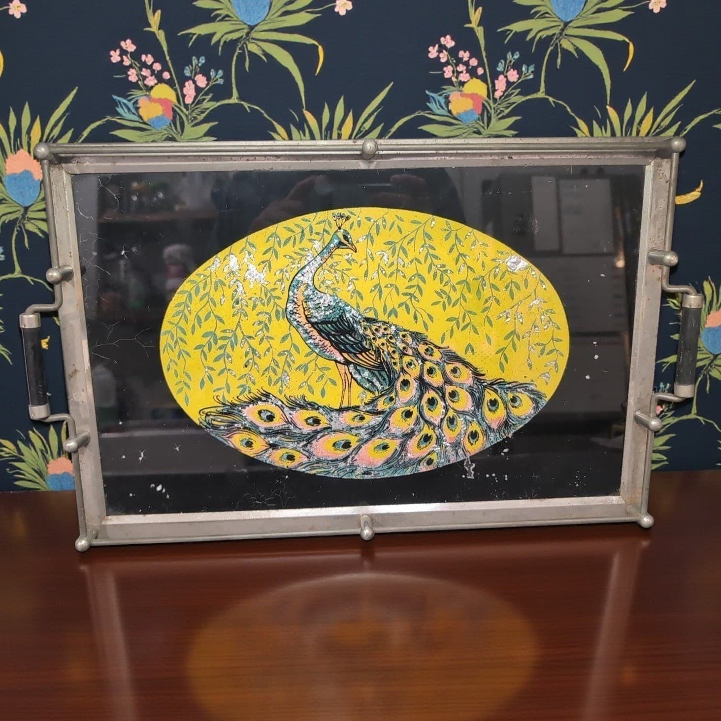 Peacock Serving Tray with Gold Foil Backing, Vintage Reverse Painted Carrier