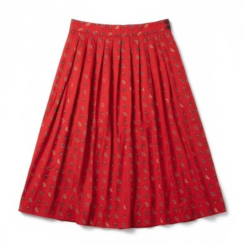 Chaus Petites Red Paisley Pleated Midi Skirt, Vtg High Waisted, Woman's Size 10P