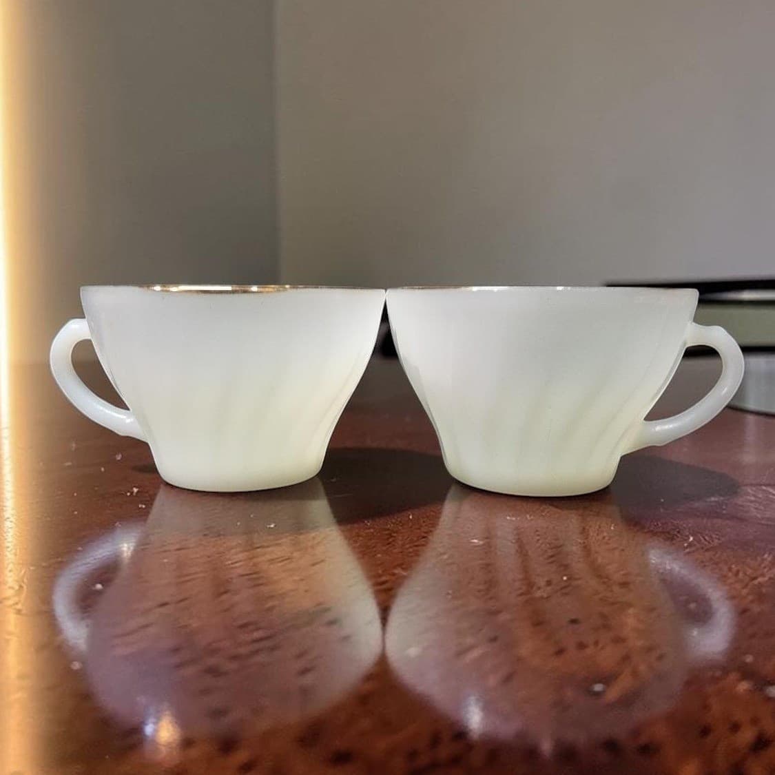 Anchor Hocking Fire King Milk Glass Teacups, Set of 2 Vintage Gold Rim Drinkware