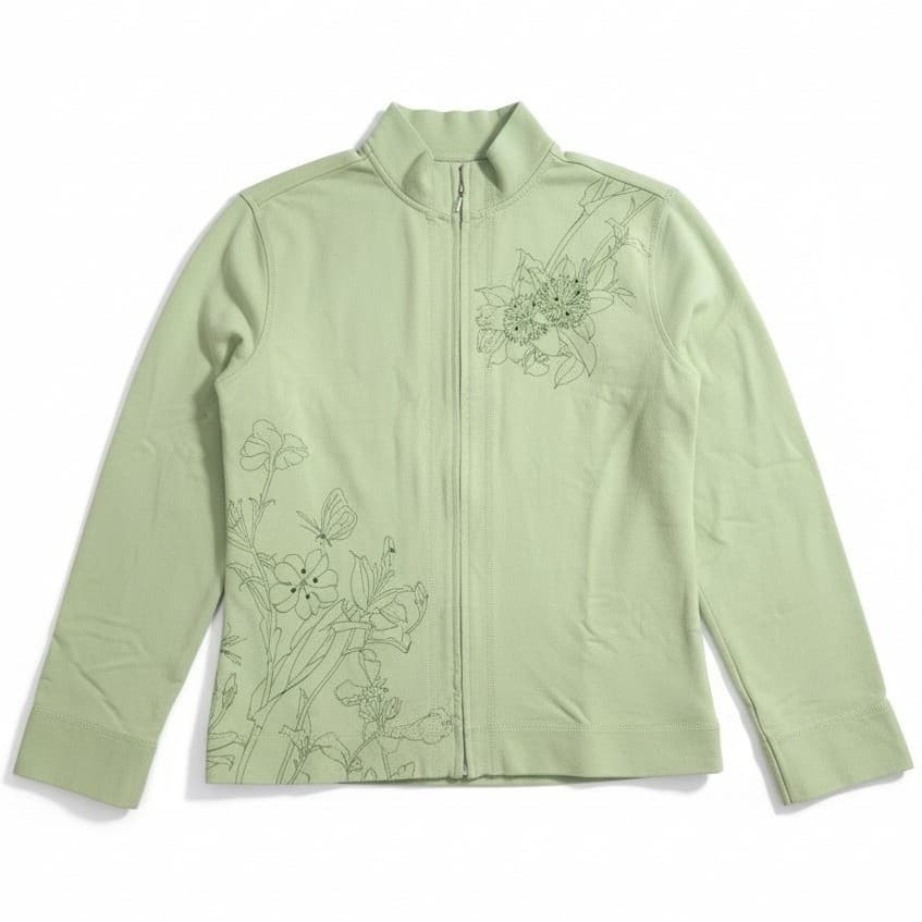 Tranquility Sage Green Floral Butterfly Zip Up Jacket, Mock Neck, Woman's Small