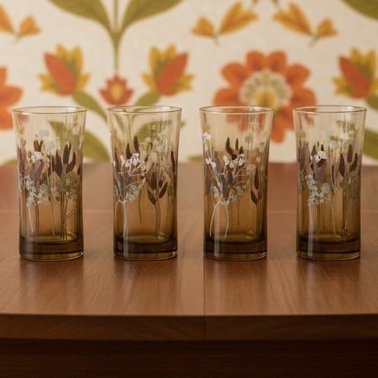 Federal Glass Interlude Highball Glasses, Set of 4, Hourglass, Floral Tumblers