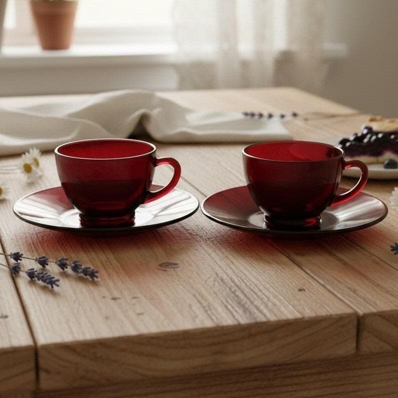 Anchor Hocking Royal Ruby Red Teacups & Saucers, Set of 2, Vintage Glassware
