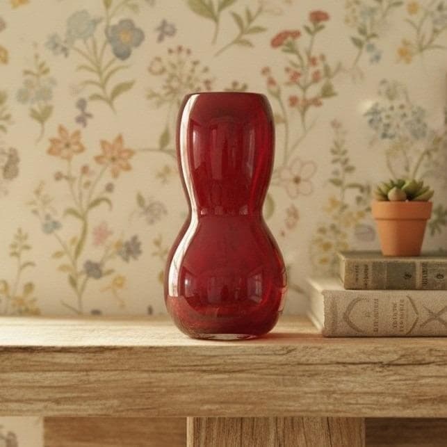 Hand-Blown Ruby Red Glass Vase, Vintage Gourd Shape Flower Holder, Centerpiece