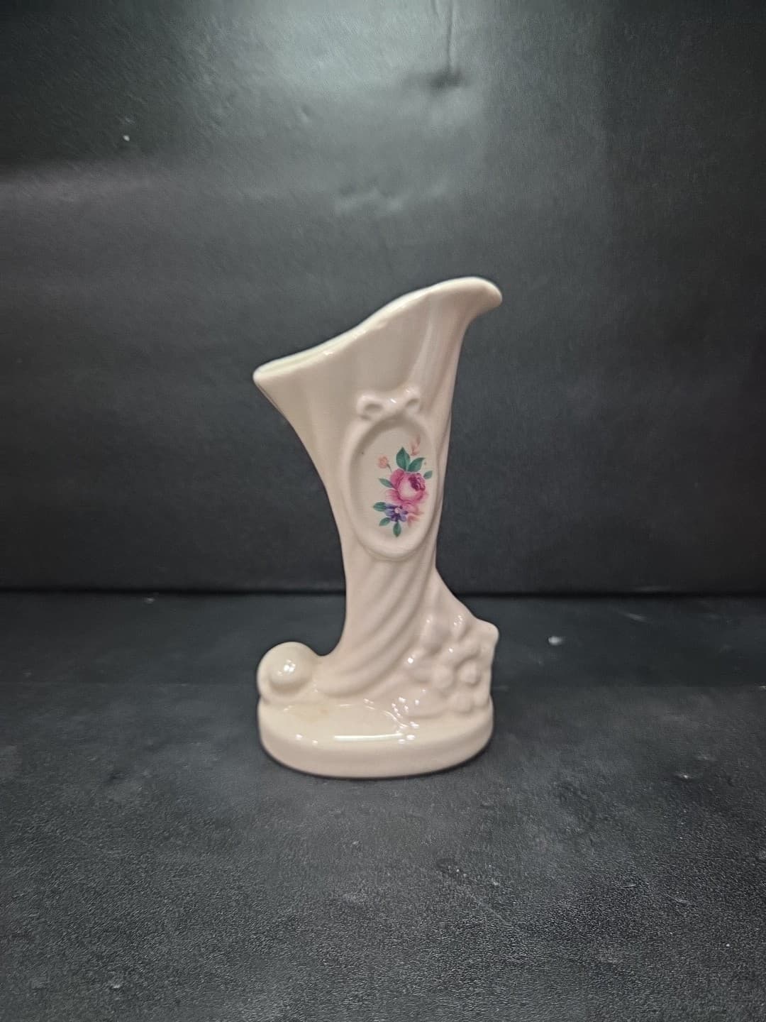 Lenox Style Cornucopia Bud Vase, 6" Hand Painted, Rose Floral Cream Vase, Vtg