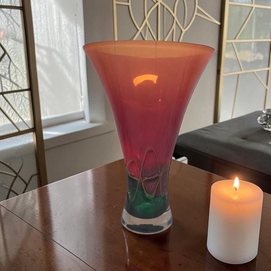 Murano Barbini Green Red Art Glass Vase, Vintage Replacement Holiday Centerpiece