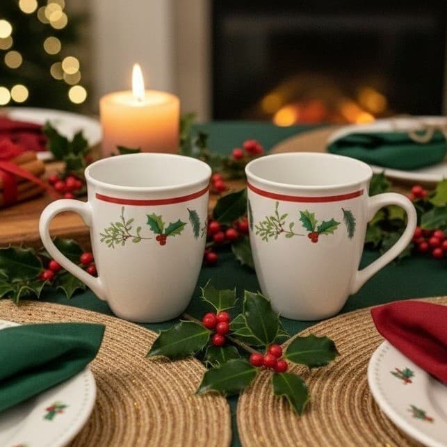 Royal Norfolk Christmas Holly Berry Coffee Cups, Set of 2, Ceramic Holiday Mugs