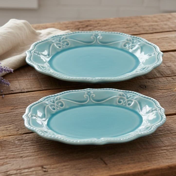 Pioneer Woman "Paige" Denim Blue Salad Plates, Set of 2, Scalloped Stoneware