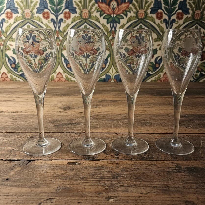 Princess House Heritage Tulip Wine Glasses, Set of 4, Etched Floral Stemware