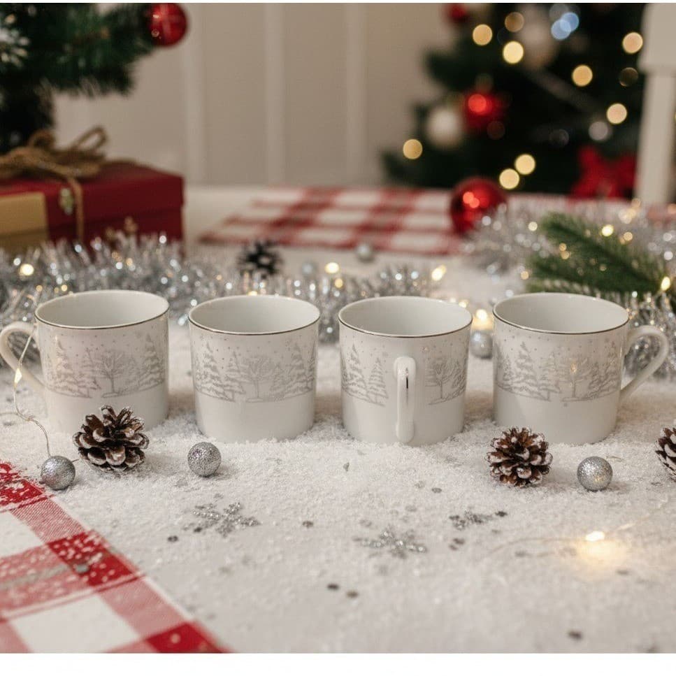 Lynn's Fine China Christmas Pines Coffee Cups, Set of 4, Holiday Mugs, Drinkware