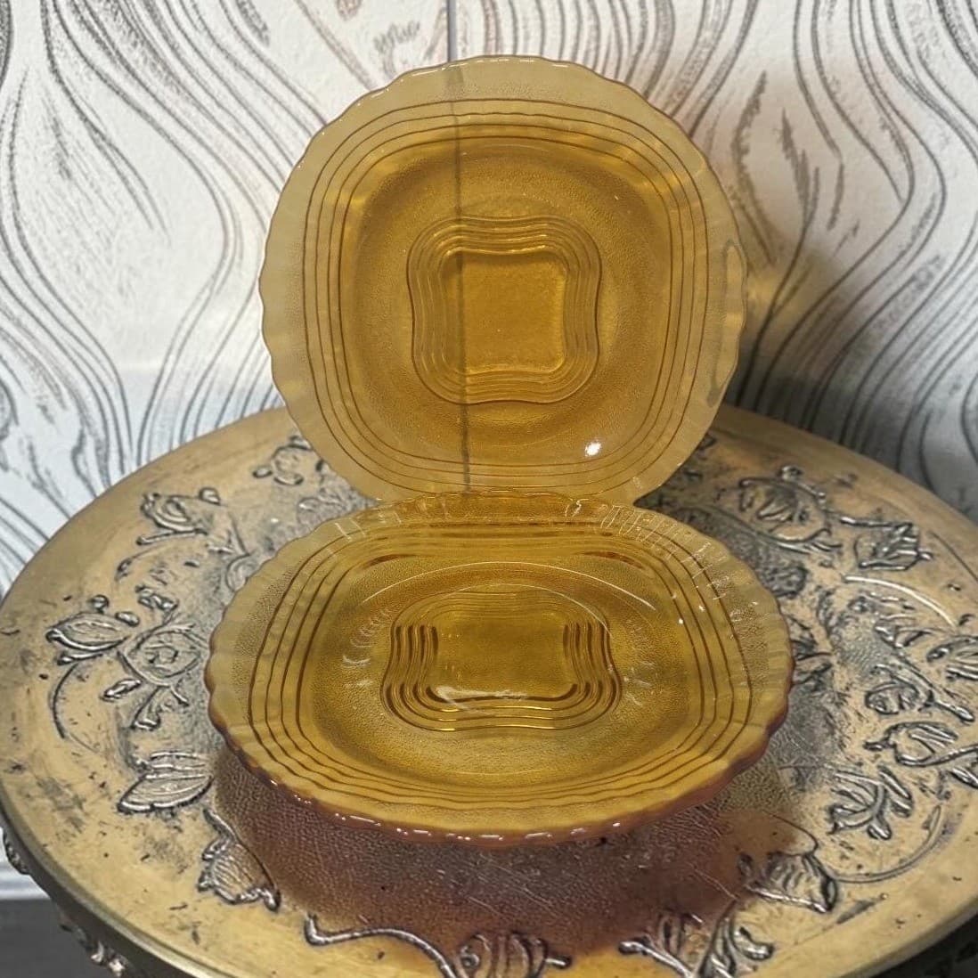 Duralex Amber Wave Luncheon Plates, Set of 2, Vintage Glassware, Depression Era
