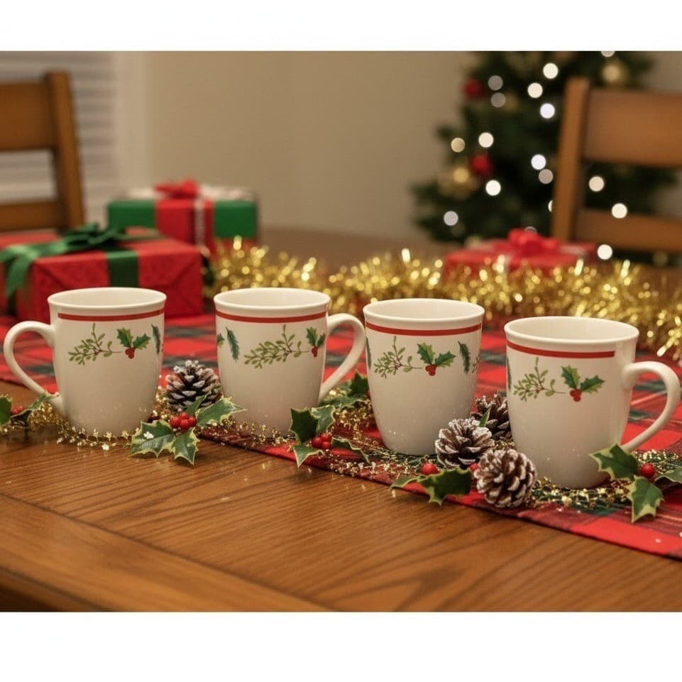 Royal Norfolk Christmas Holly Berry Coffee Cups, Set of 4, Ceramic Holiday Mugs