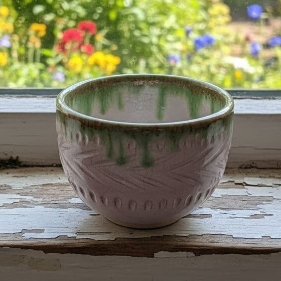 Studio Art Pottery Indoor Planter, Vintage Green Drip Glaze Flower Pot Holder