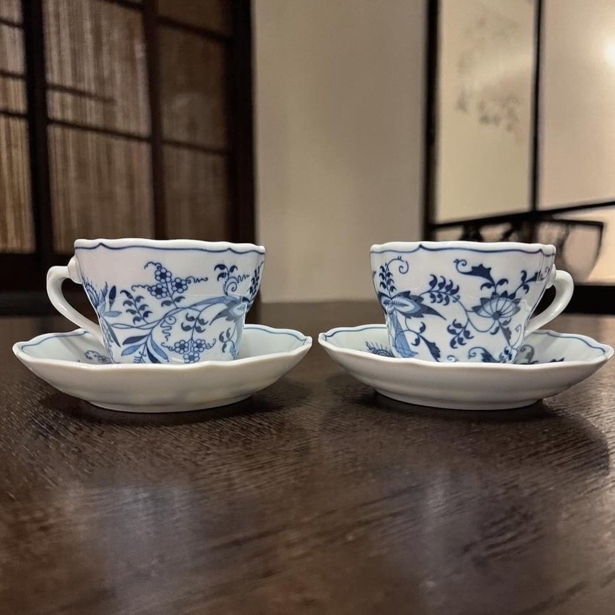 Blue Danube Onion Tea Cups & Saucers, Set of 2, Vintage Original Ribbon Banner