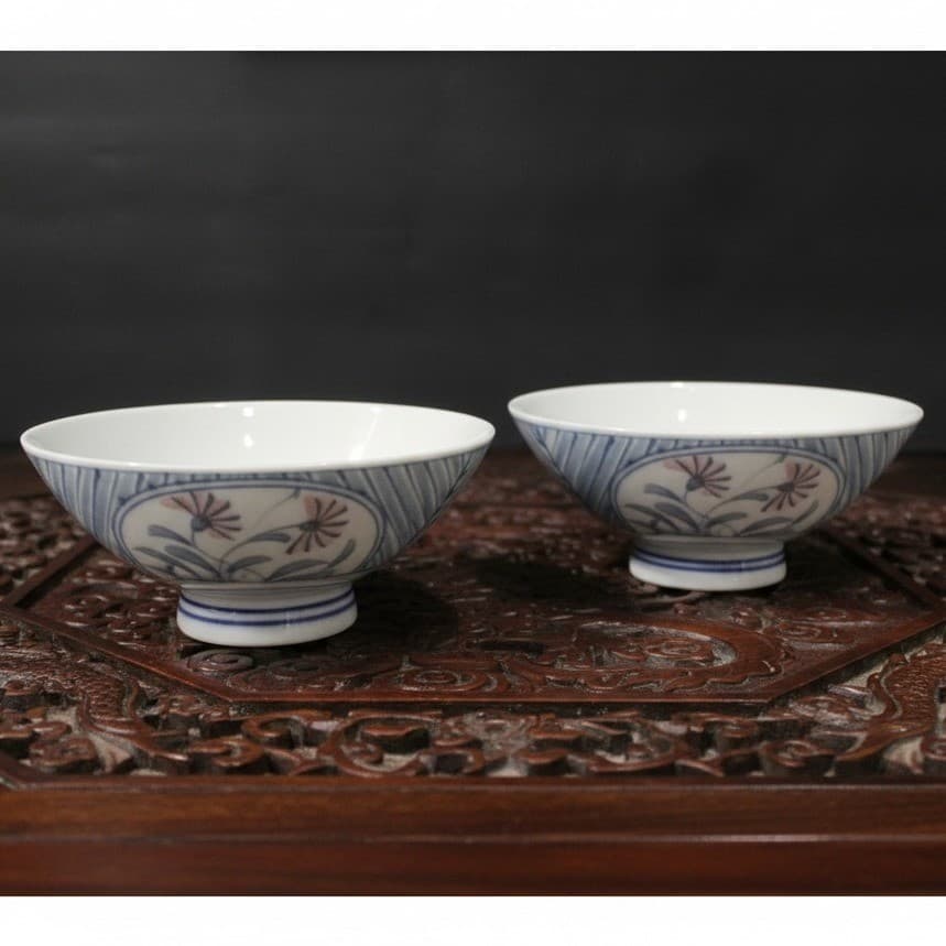 Pier 1 Imports Floral Porcelain Rice Bowls, Set of 2, Vintage Footed Asian-Style