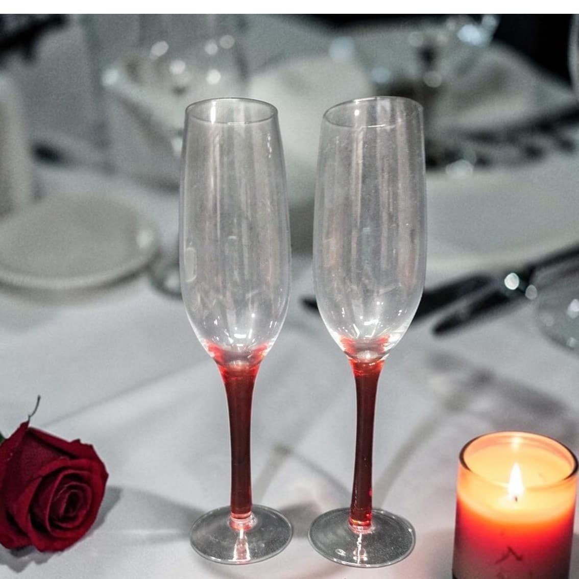 Red Stemmed Champagne Flutes, Set of 2, Hand Blown Toasting Glasses, Stemware