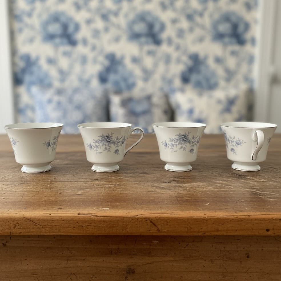 Duchess by Crown Empire Blue Flowers Teacups, Set of 4, Vintage Japan Bone China