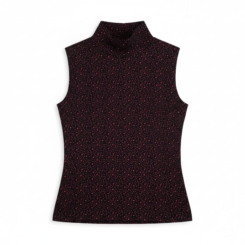 Tape Measure Mock Neck Sleeveless Glitter Black Red Top. Woman's Small