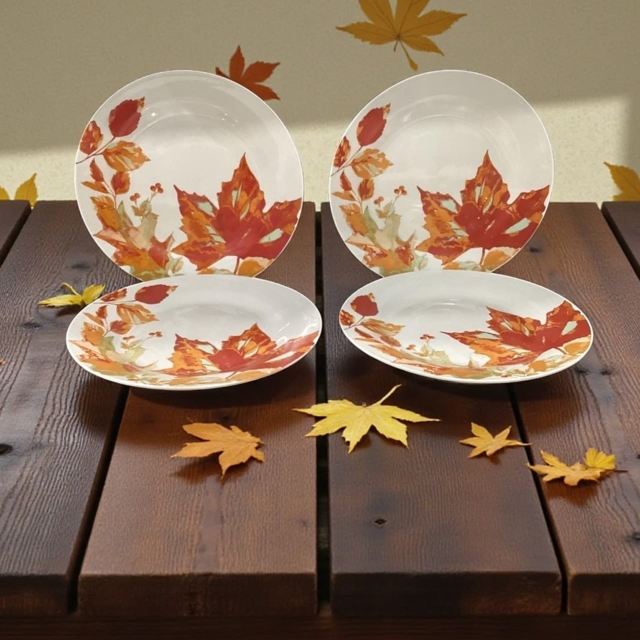 Royal Norfolk Autumn Leaves Dinner Plates, Set of 4, Brown Fall Leaf Design