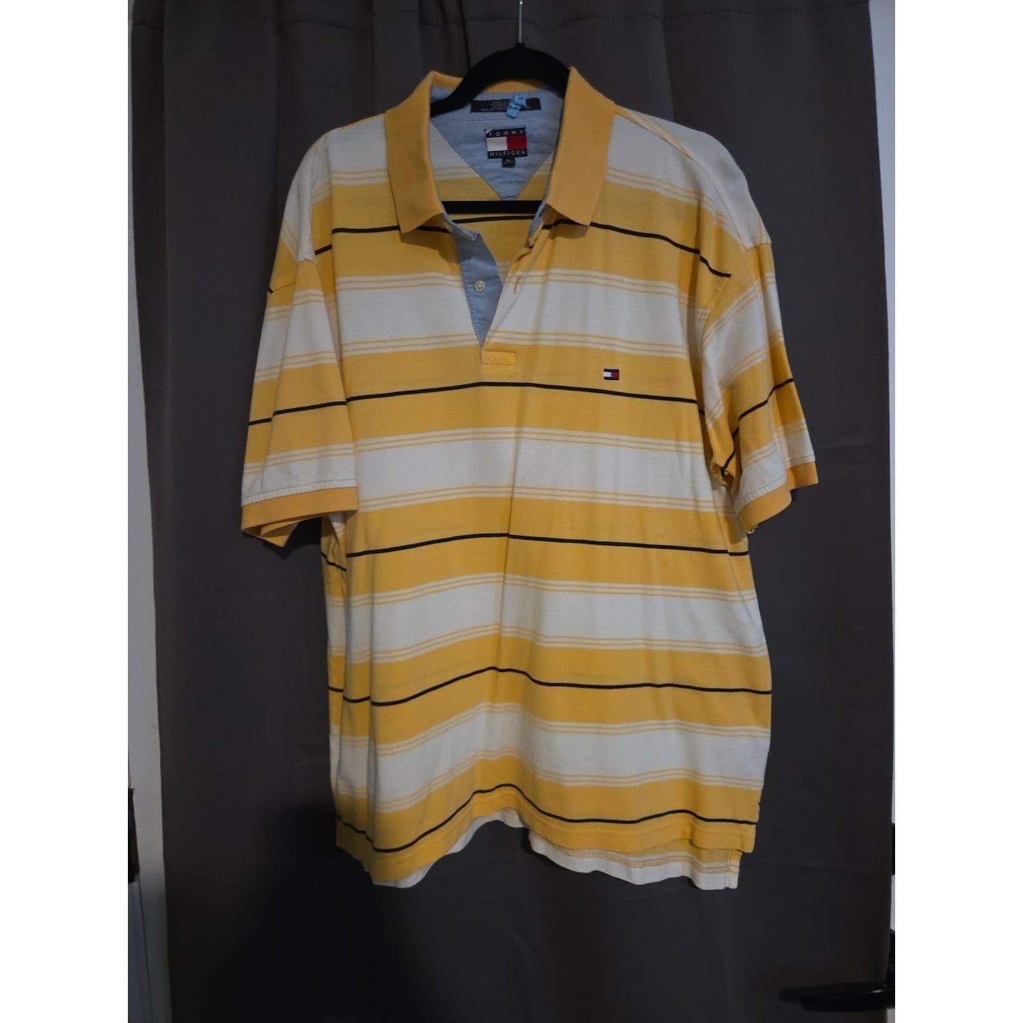 Tommy Hilfiger Yellow White Striped Pique Polo Shirt, Men's XL Short Sleeve