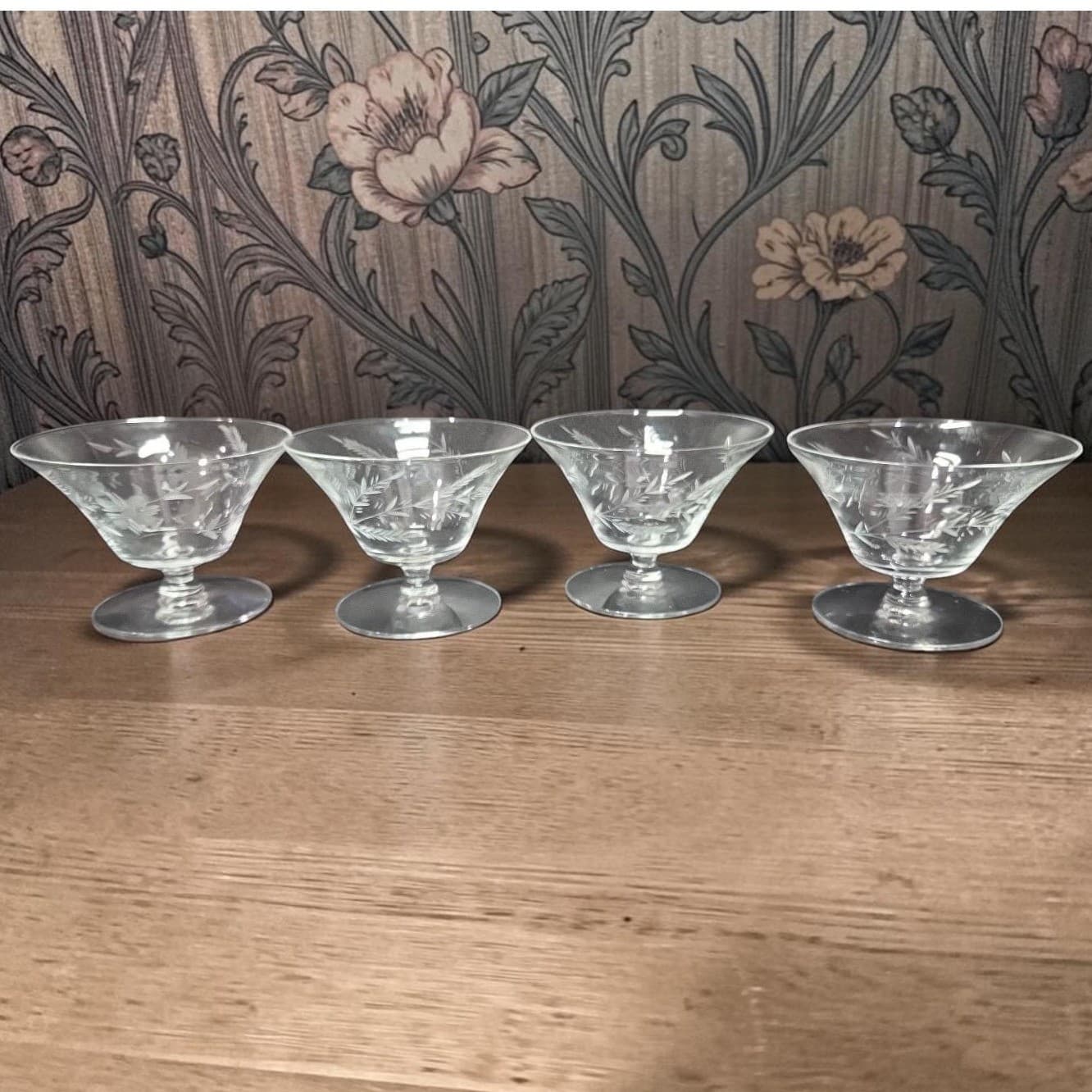 Floral Etched Sherbet Coupes, Set of 4, Vintage Glass Dessert Bowls, Tableware