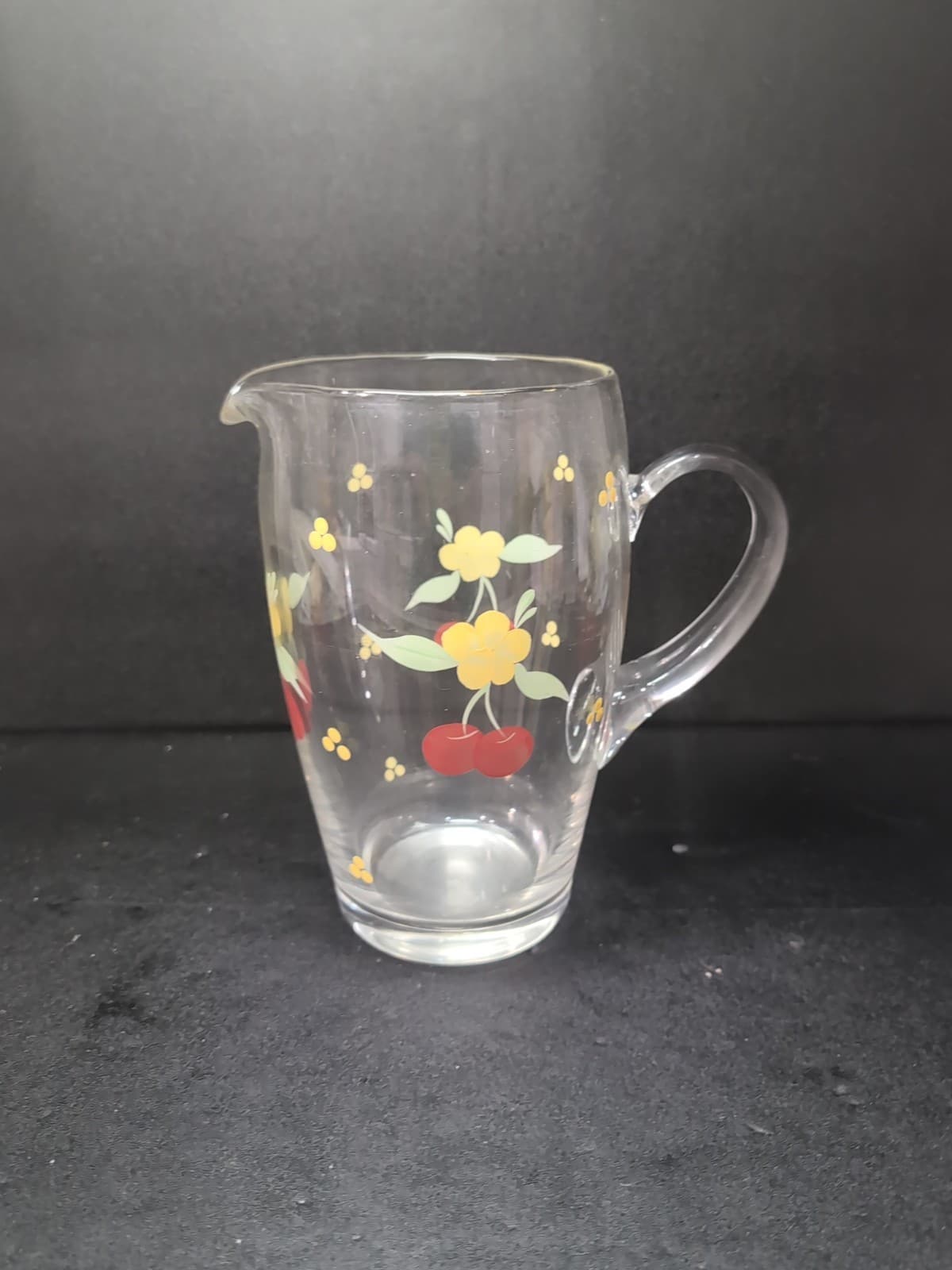 Hand Painted Glass Pitcher, Cherries And Flowers Design, Vintage Kitchenware
