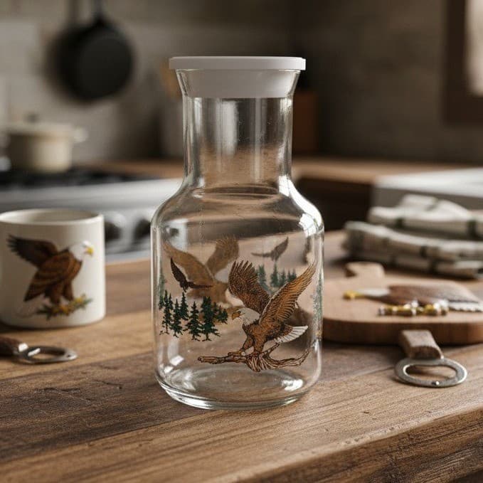 Clear Glass Jar With Eagle Design, Vintage Lidded Kitchen Canister, Home Accent