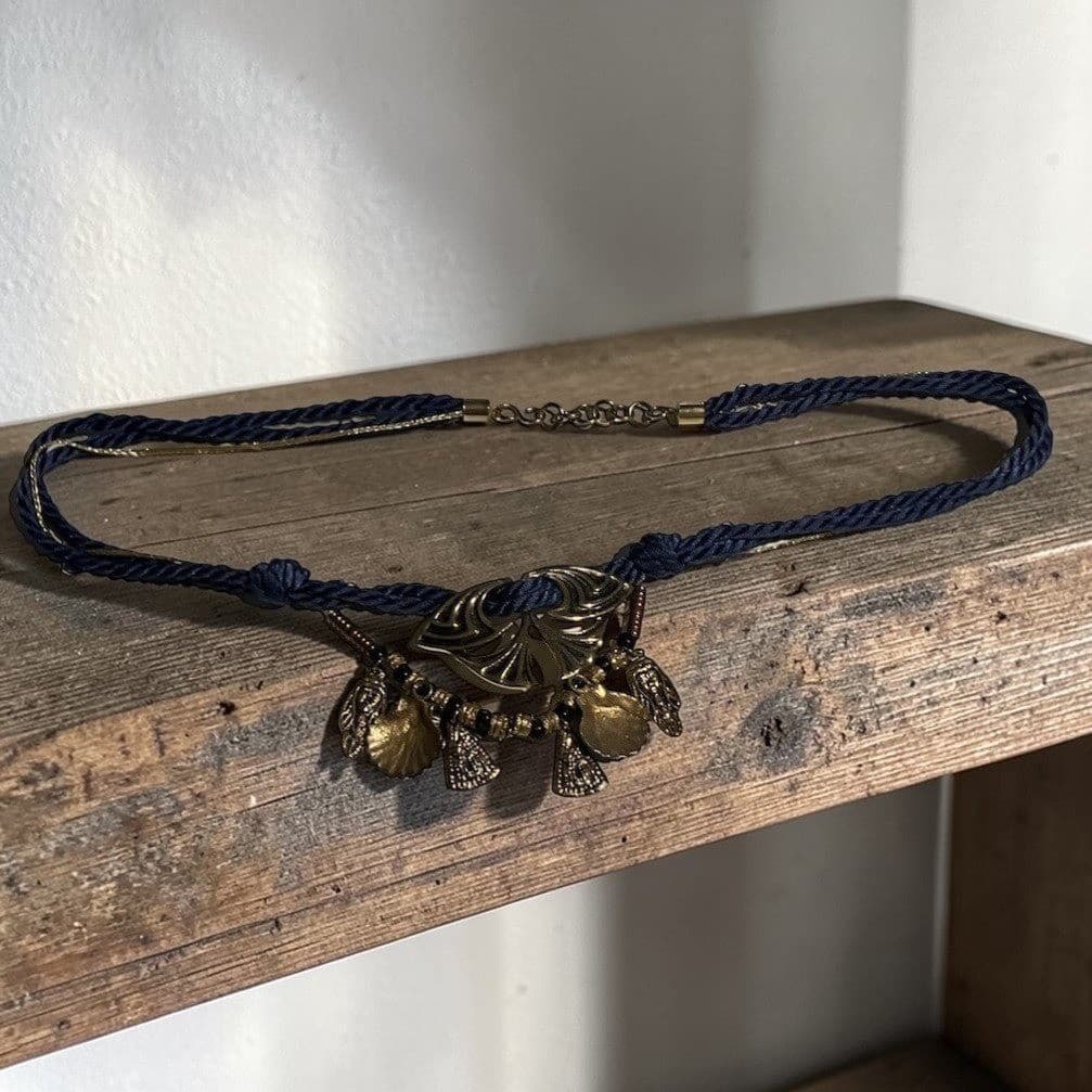 Navy Blue Rope Belt with Gold Shell Charms, Vintage Statement Adjustable Waist