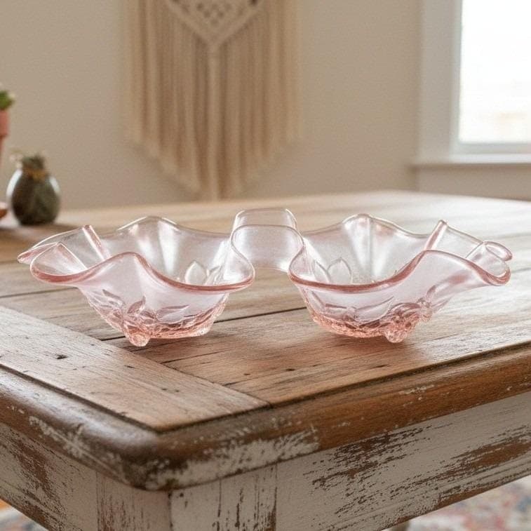 Mikasa Double Bowl Ruffled Relish Dish, Vintage Clear & Pink Edged Art Glass