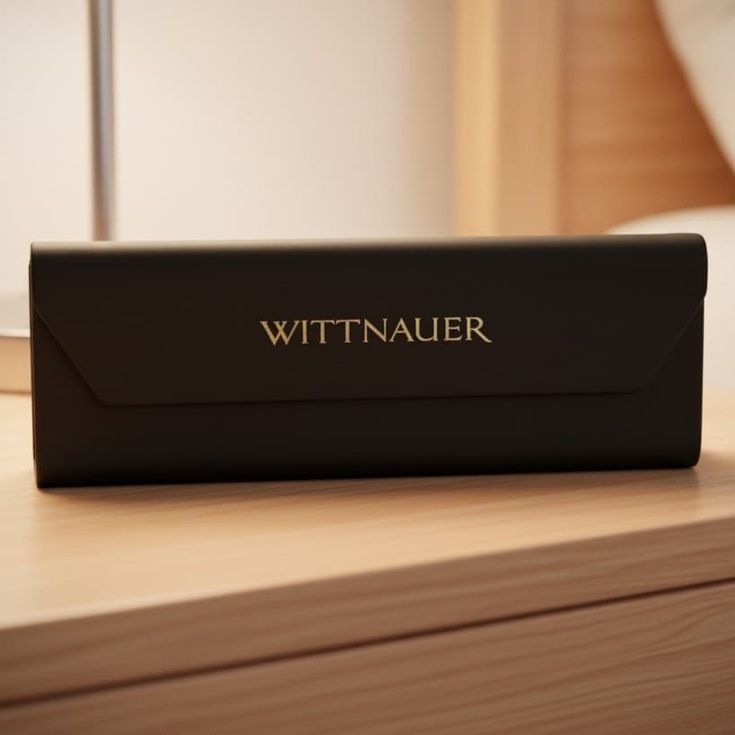 Wittnauer Black Collapsible Triangular Eyeglass Case Gold Logo Magnetic Closure