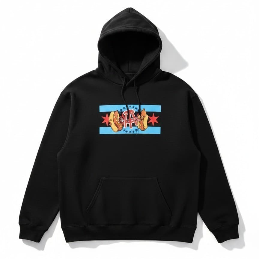 Champion Barstool Sports Chicago Hot Dog Flag Black Hoodie, Men's 3XL S700 BK