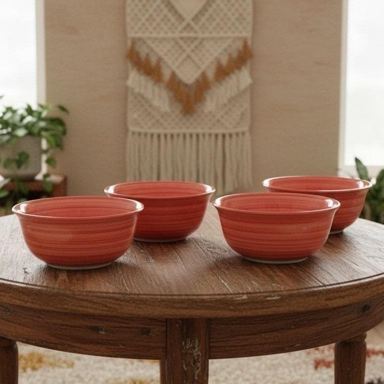 Original Swirl Red Hand-Painted Cereal Bowls, Set of 4, Vtg Ceramic Dinnerware