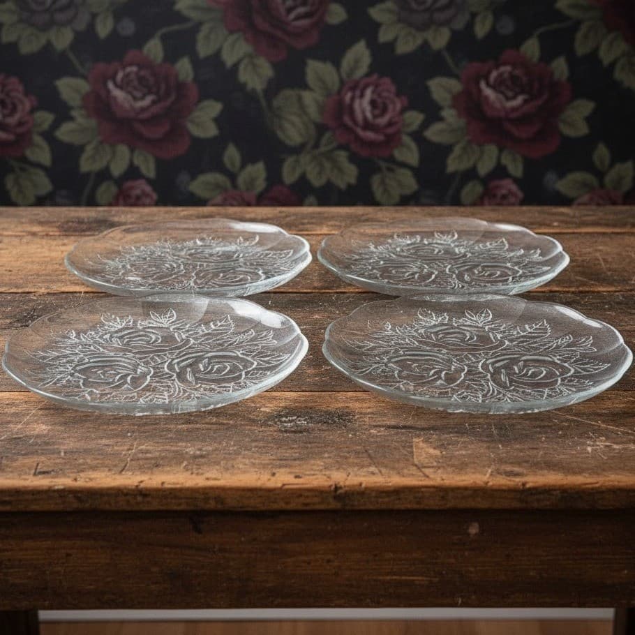 Pasari Livia Clear Glass Dinner Plates, Set of 4, Vintage Frosted Rose Tableware