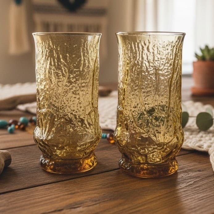 Anchor Hocking Amber Rain Flower Tumblers, Set of 2, Vtg Pressed Glass Drinkware