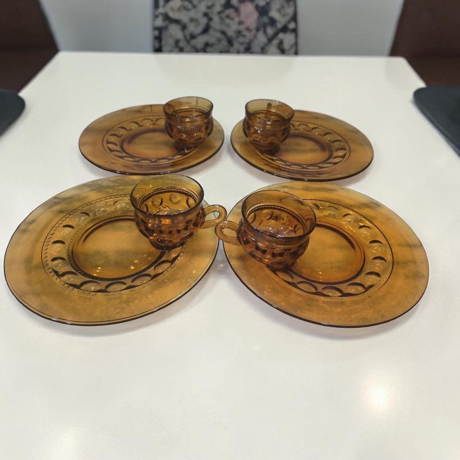 Indiana Glass Kings Crown Thumbprint Amber Coffee & Snack Plates, Set of 4