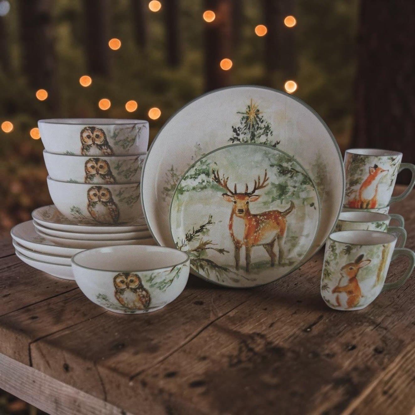 Cracker Barrel Susan Winget Winter Woodland Tableware, 16 Pieces, Forest Animals