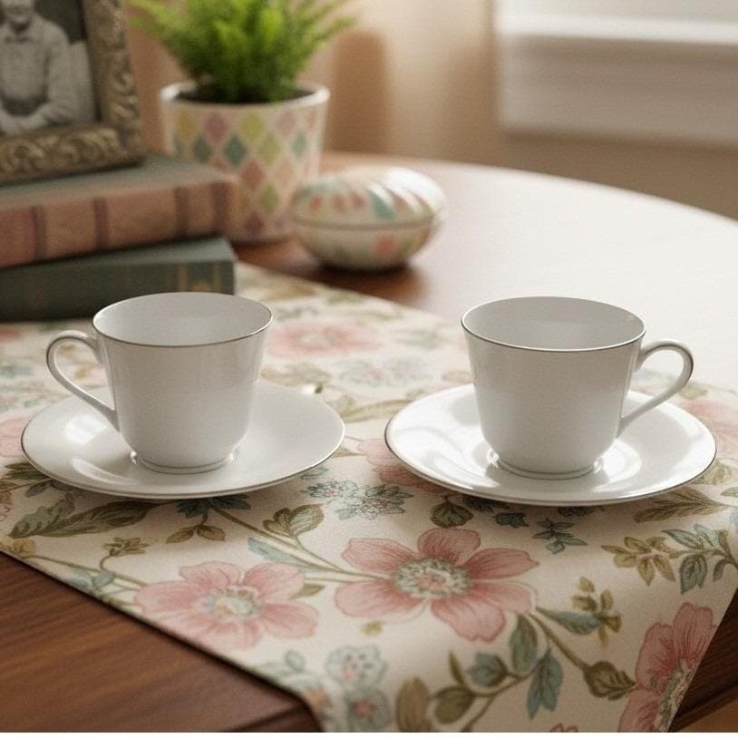 Royal Doulton Amulet Teacups & Saucers, Four Piece Set, White Floral Bone China