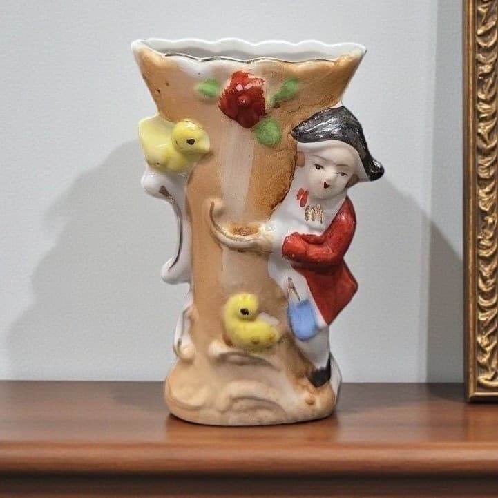 Japanese Antique Man Sculpted Bud Vase, Vintage Flower Holder, Mantel Decor