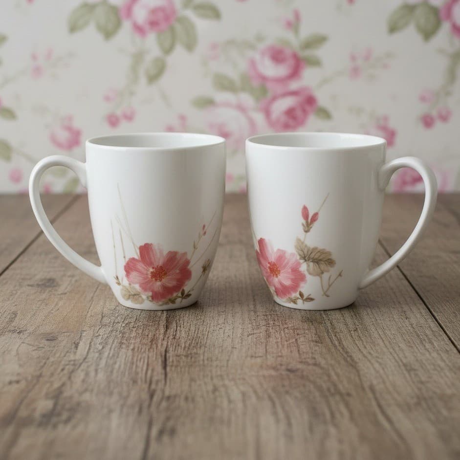 Oneida Amore Coffee Cups Mugs White Porcelain Pink Floral Watercolor Set of 2