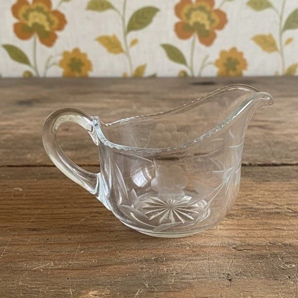 Floral Etched Crystal Creamer, Vintage Clear Glass Small Pitcher, Tableware