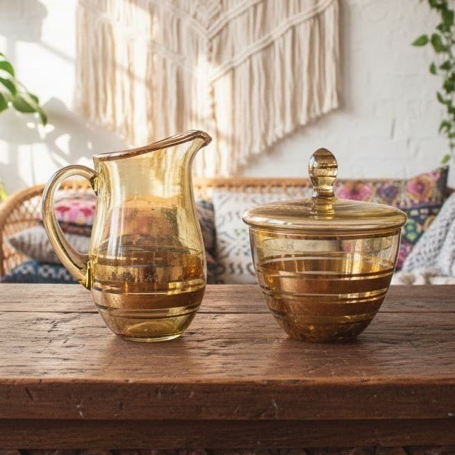 Amber Sugar Bowl & Creamer Set, Vintage Gold Rim Tableware, Macbeth-Evans Style