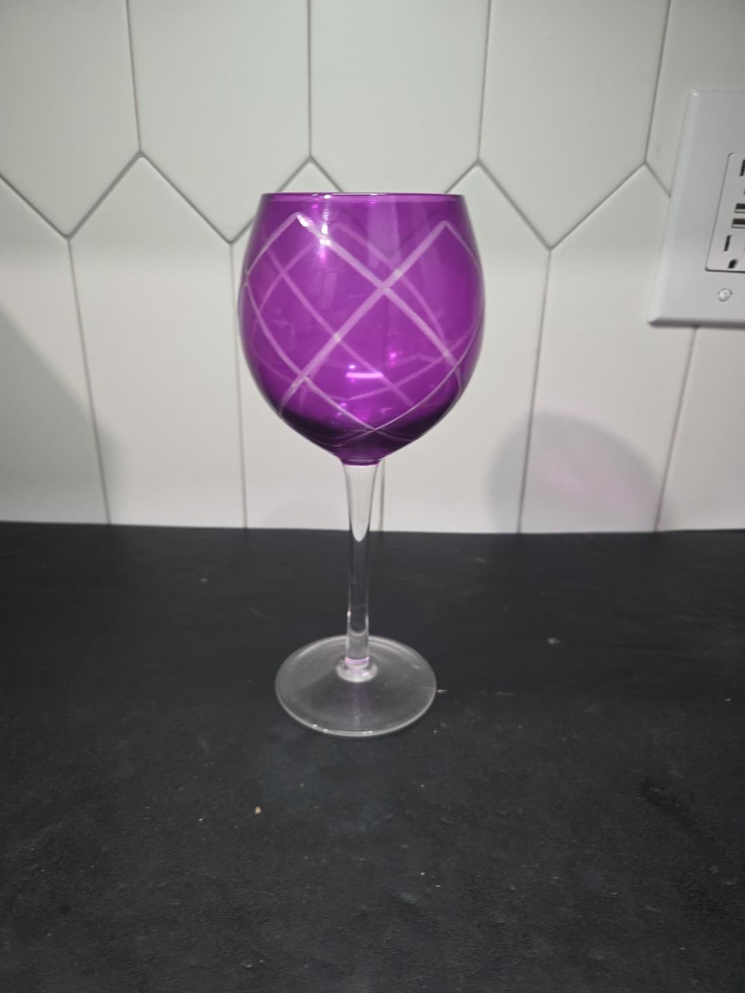 Pier 1 Amethyst Diamond Etch Wine Goblet, 8.75" Purple Balloon Glass Replacement