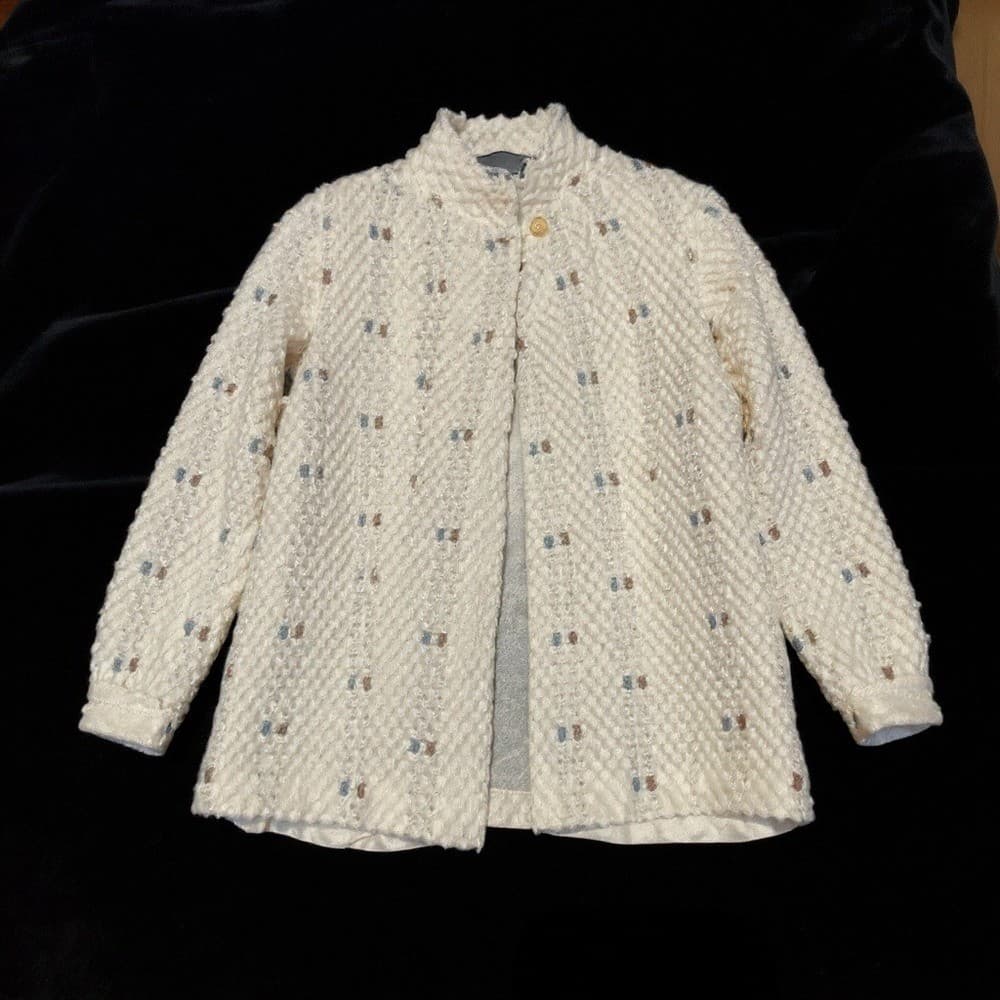 Cream Textured Boucle Knit Mock Neck, Vintage Button Front Jacket, Women's