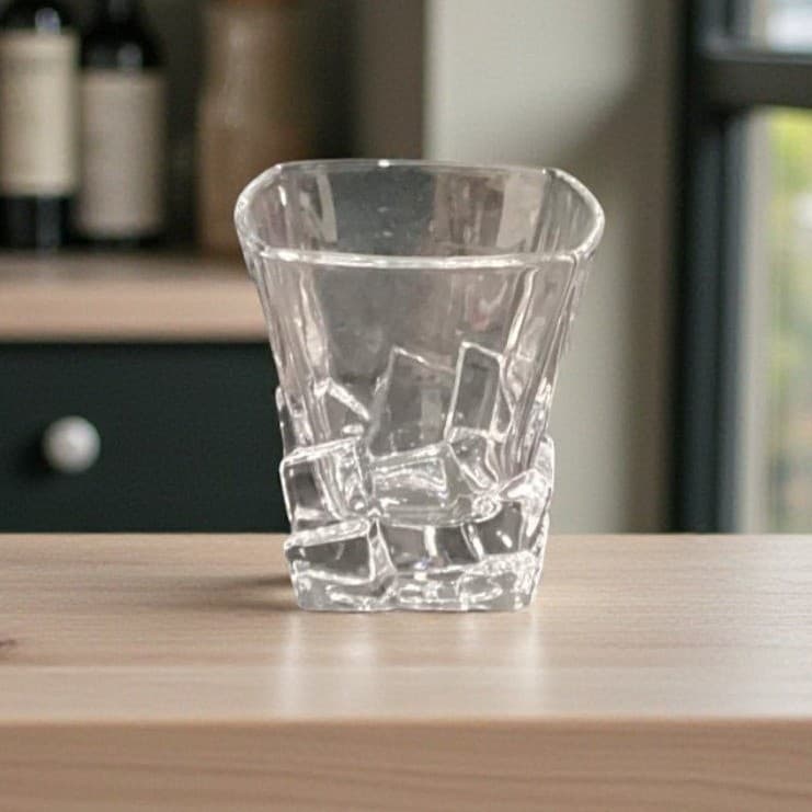 Ice Cube Sculpted Rocks Glass, Vintage Square Whiskey Tumbler, Clear Barware