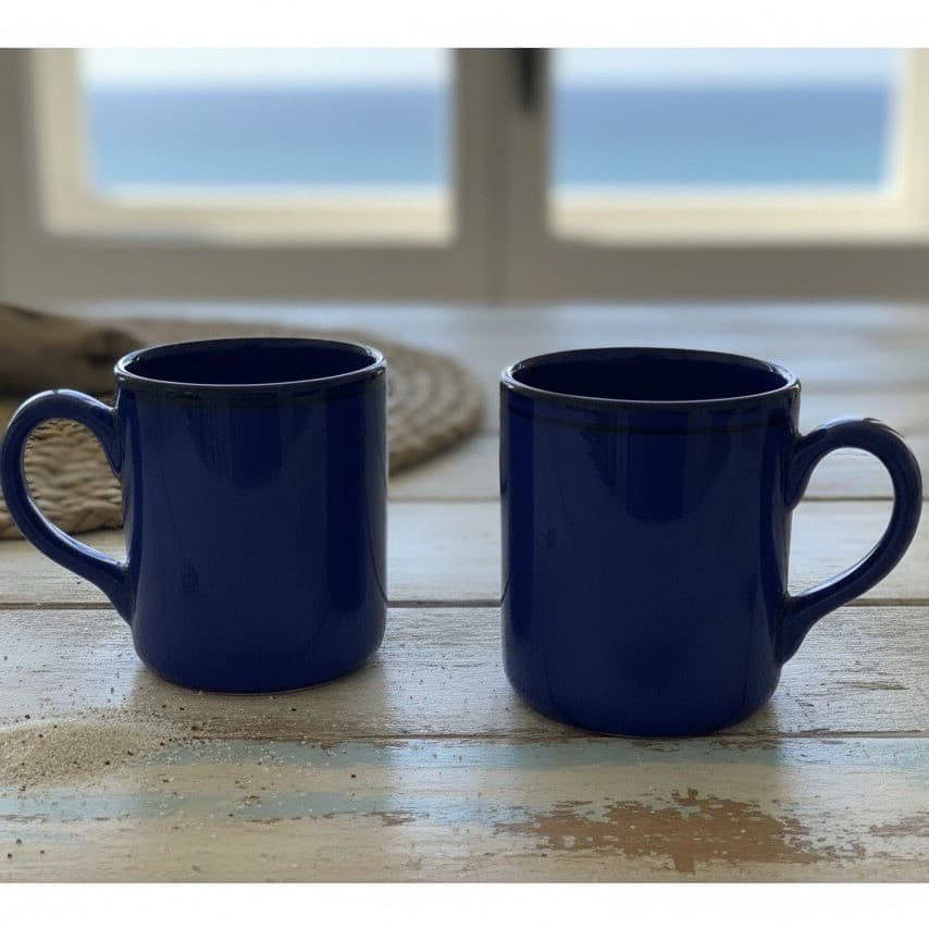 Heal's London Blue Drip Coffee Cups, Set of 2, Italian Pottery Stoneware Mugs