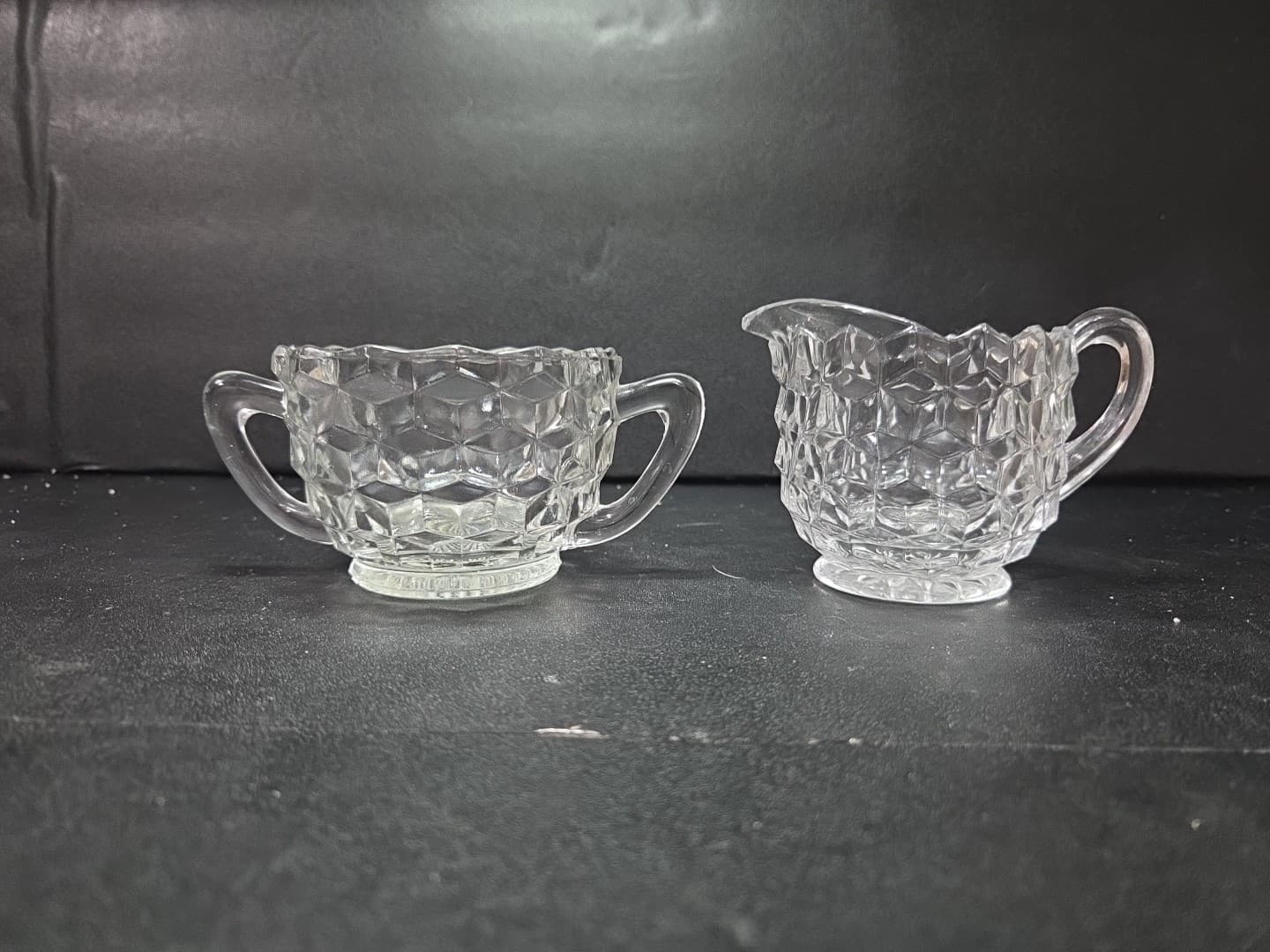 Fostoria American Cubist Creamer and Sugar Set, Clear Glass Vintage Glassware